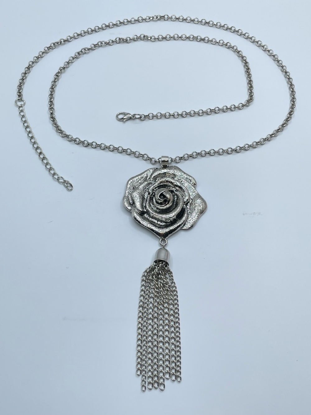 Silver Tone Rose Pendant Tassel Necklace Statement Chain Fringe Boho
